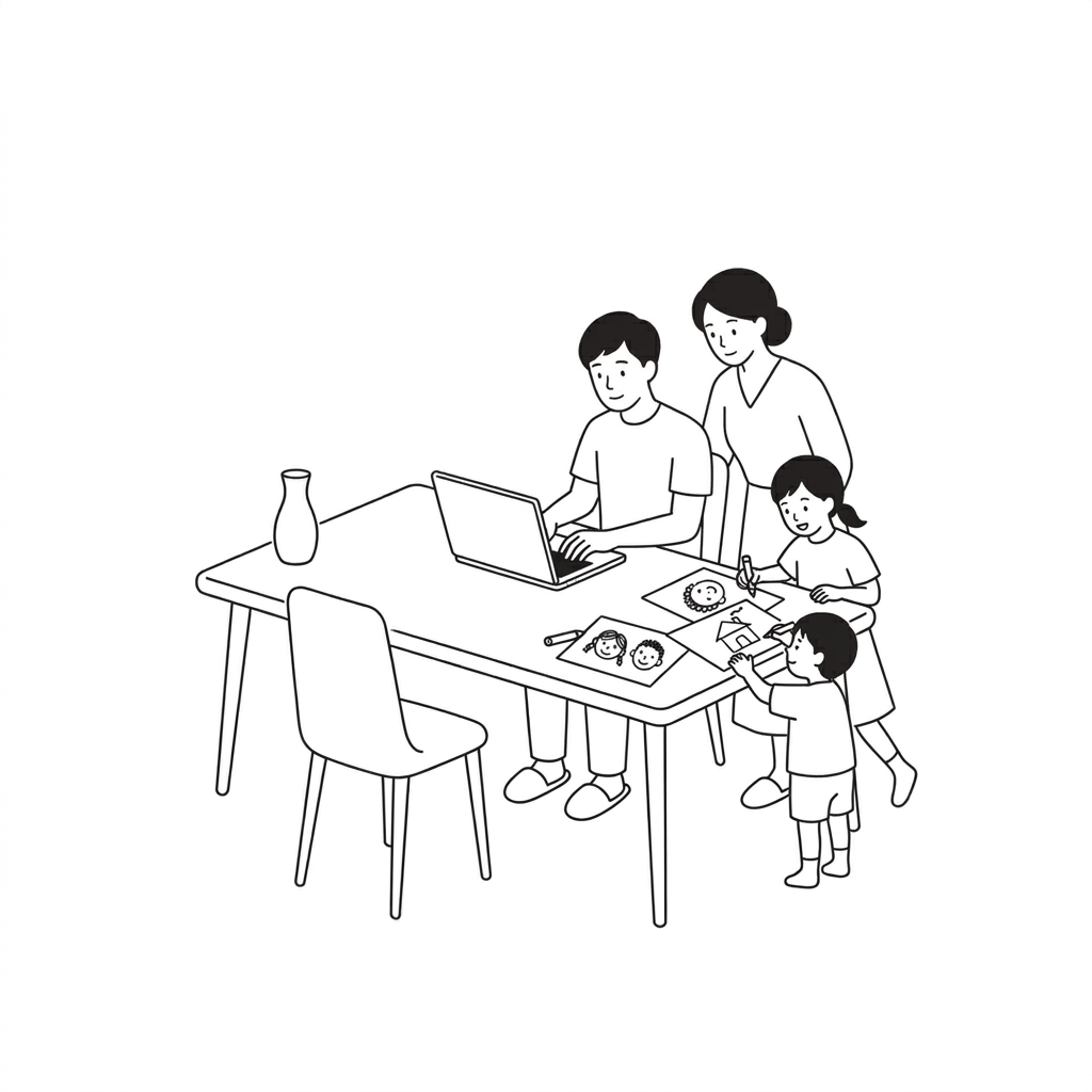 A family learning and building a website together around a table
